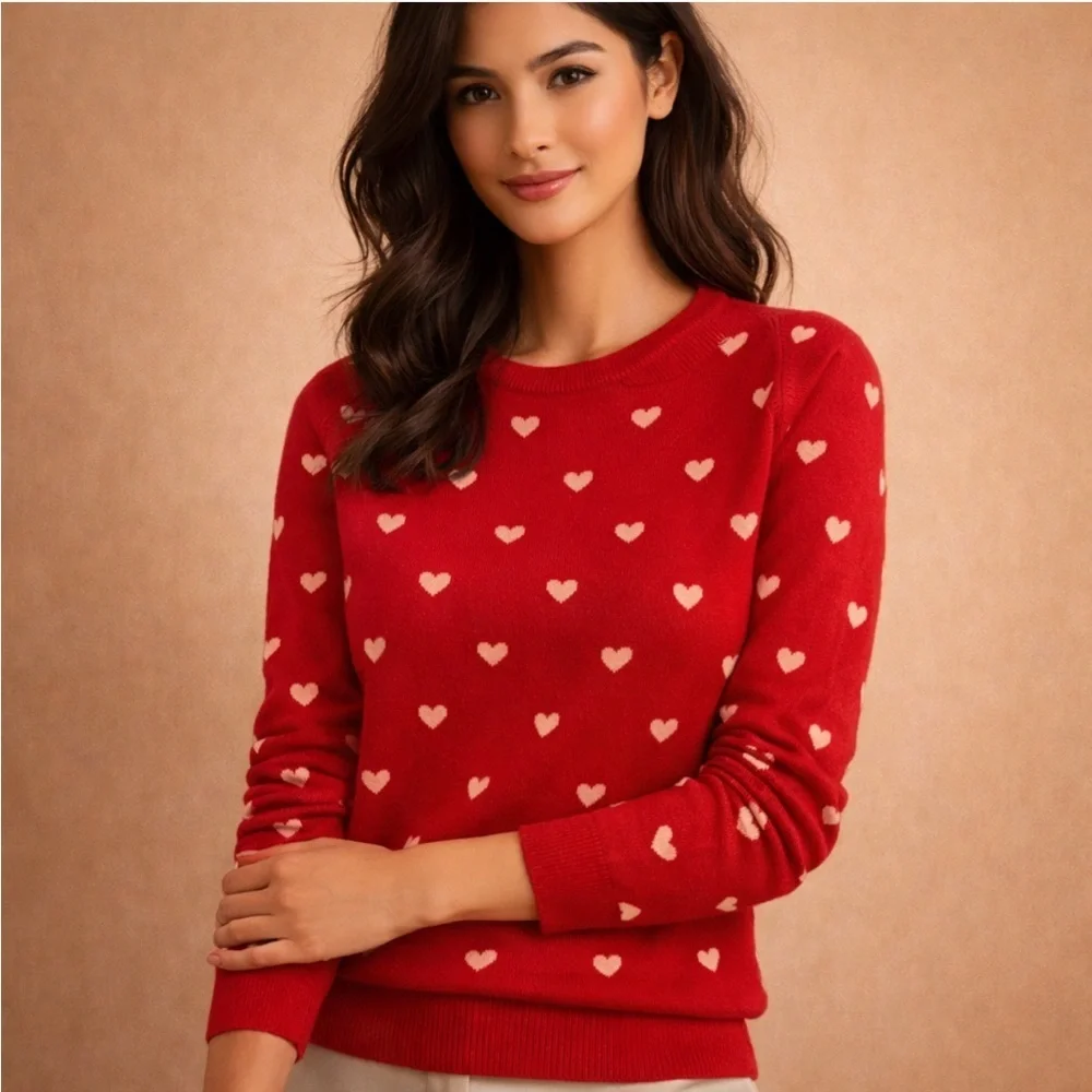 J.Crew Red Heart Print Crewneck Sweater Women’s Small Cotton Blend
